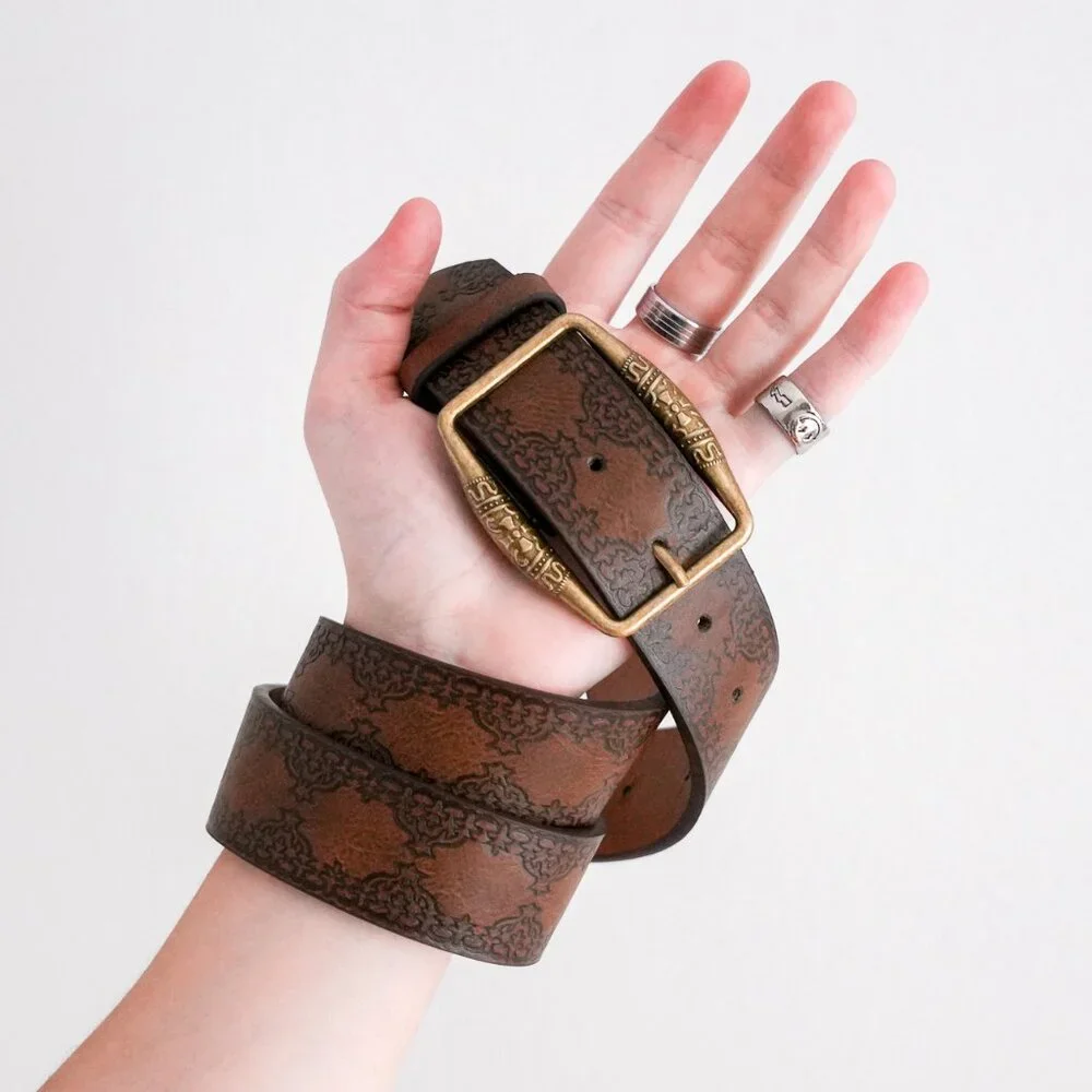 y2k vintage brown engraved brass buckle western belt